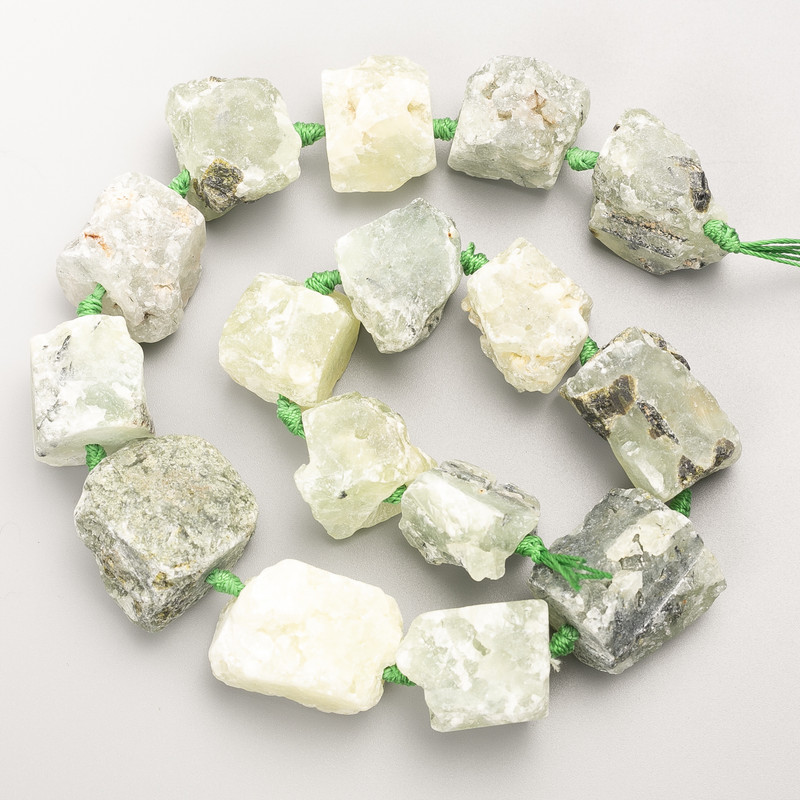Prehnite Beads, raw natural stone, tumbled, on thread, d 20x25mm+/-, length 40cm+