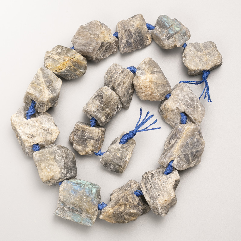 Labradorite Beads, raw natural stone, tumbled, on thread, d 20x25mm+/-, length 41cm+
