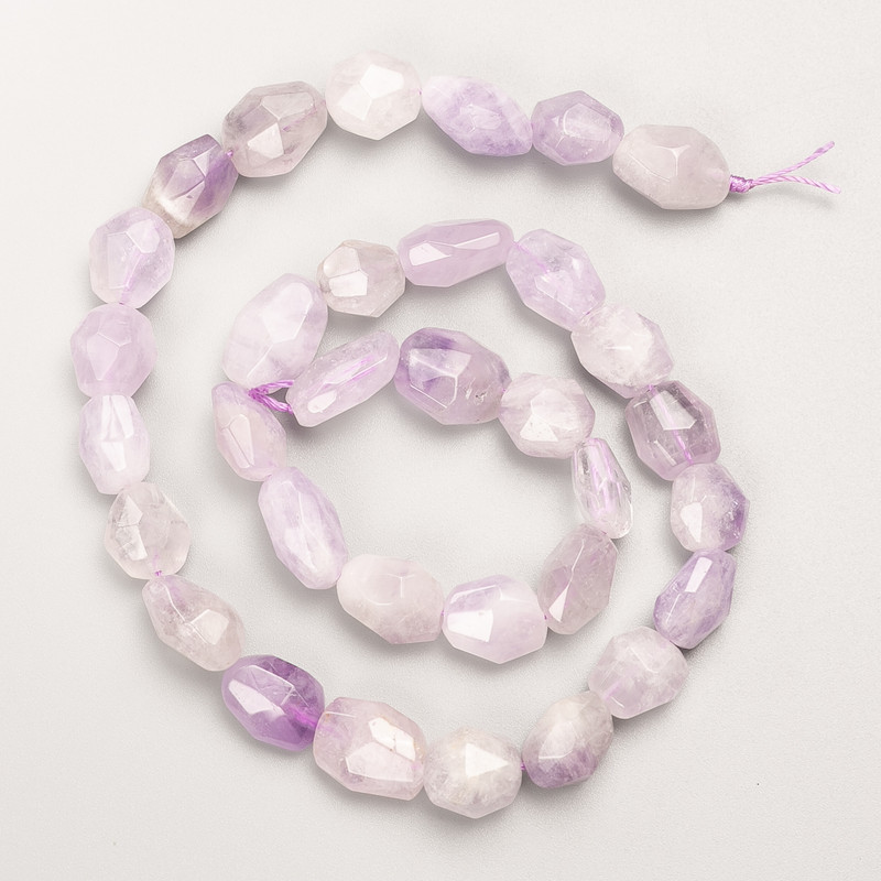 Amethyst Beads, natural stone, faceted polygon, on thread, diameter 10x12mm+/-, length 40cm+