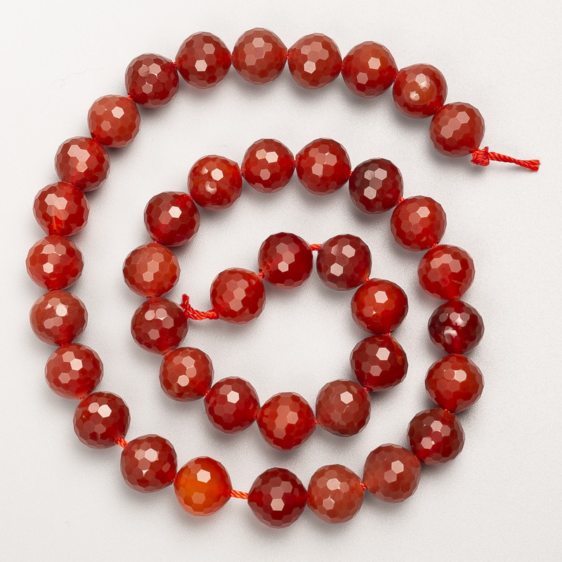 Carnelian Beads, Natural Stone, Faceted Round Bead on Thread, Diameter 10mm+/-, Length 38cm+
