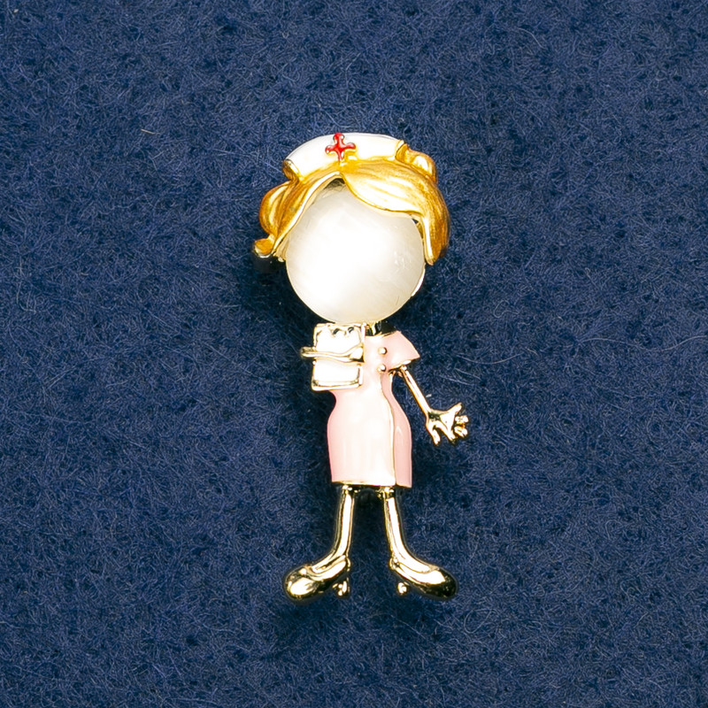 Doctor Brooch, White Cat's Eye Stone, Pink Enamel, Gold-Tone Metal 36x15mm