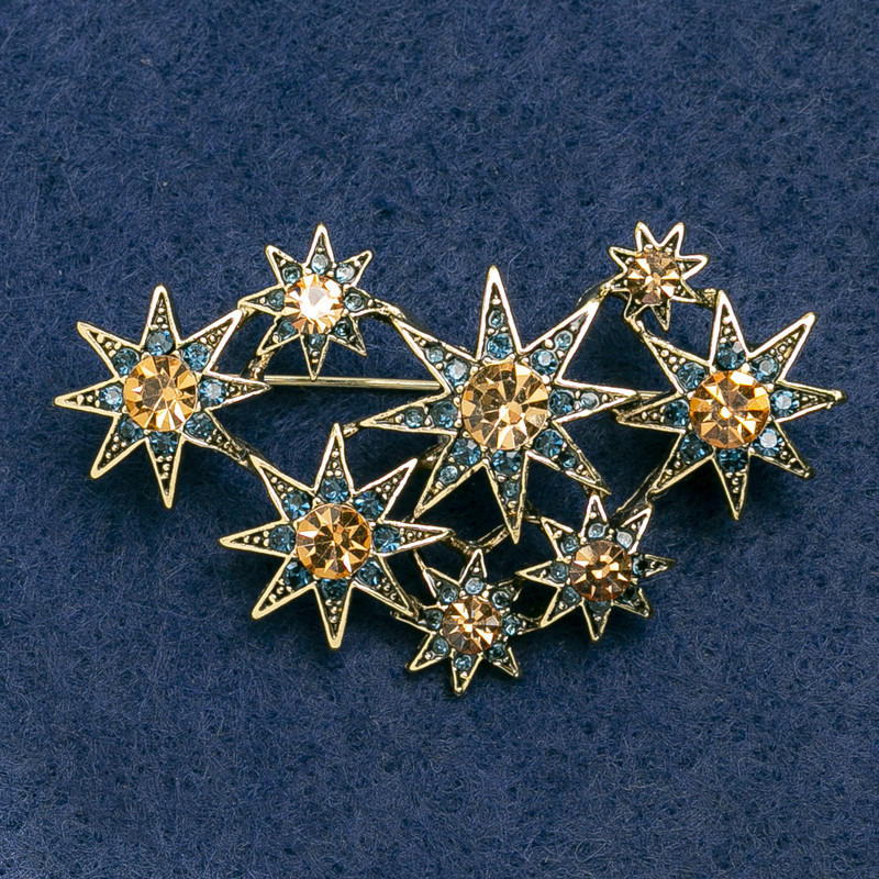 Stars Brooch with Blue and Yellow Rhinestones, Gold-Tone Metal 55x35mm