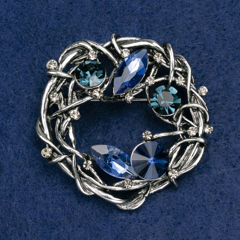 Accent Brooch with Blue and Green Crystals, White Rhinestones, Dark Silver Metal, 47x47mm
