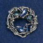 Accent Brooch with Blue and Green Crystals, White Rhinestones, Dark Silver Metal, 47x47mm