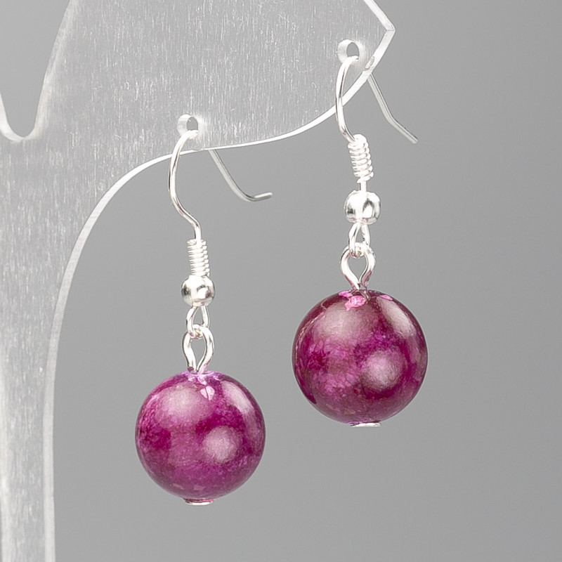 Tinted Quartz Earrings (artificial acrylic), raspberry, smooth round bead, diameter 12.5mm+/-, length 3.5cm