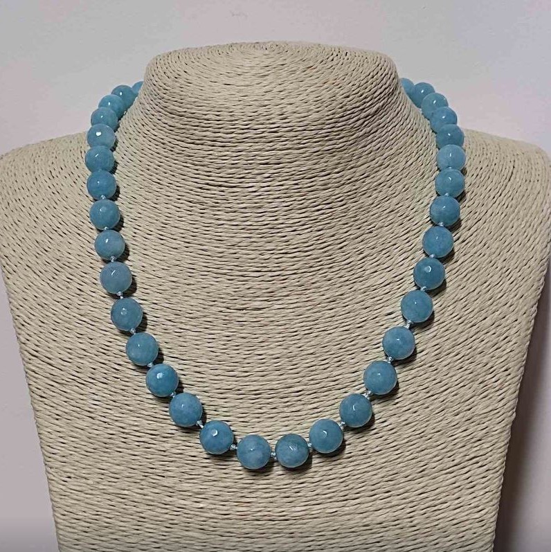 Aquamarine Natural Stone Necklace, Faceted Ball, Diameter 10mm, Length 49cm