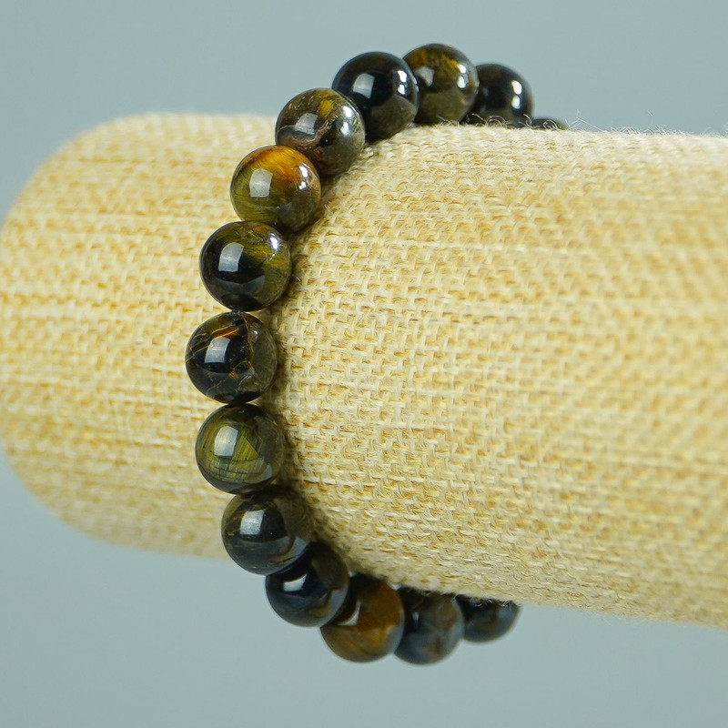 Tiger's Eye and Hawk's Eye Natural Stone Bracelet, smooth bead, diameter 10(+-)mm, length 18cm (stretch)