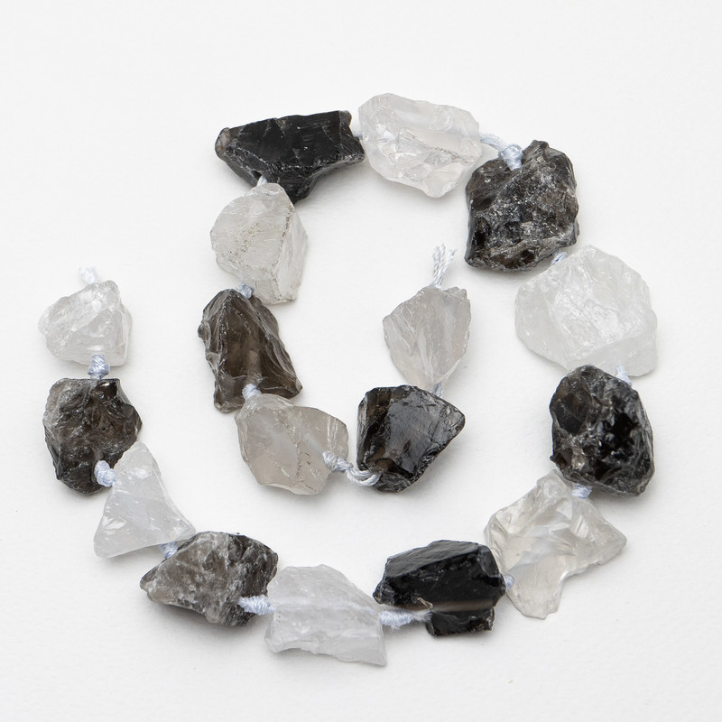 Raw Rock Crystal and Smoky Quartz Beads, tumbled, diameter 23x26(+-)mm, length 42cm on a string