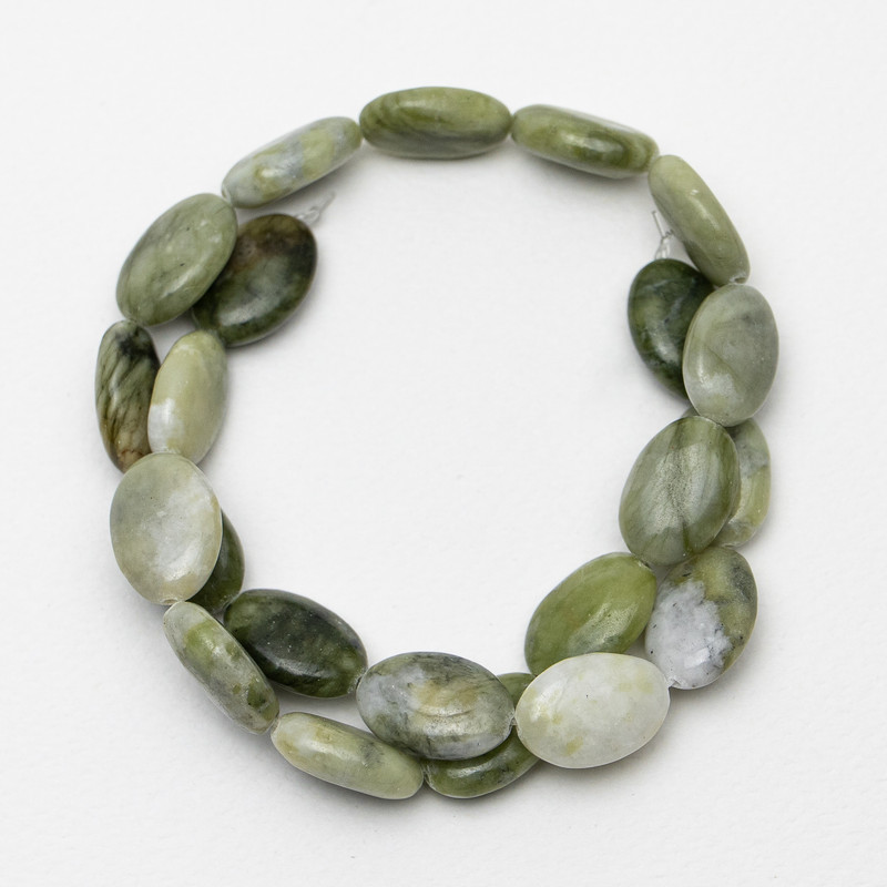 Jadeite Beads natural stone, oval, diameter 13x18x6mm, length 40cm on fishing line