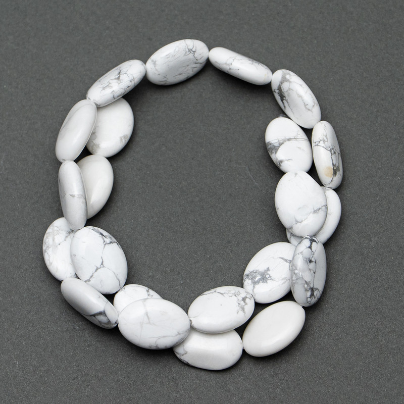 Cacholong Beads natural stone, oval, diameter 13x18x6mm, length 40cm on fishing line