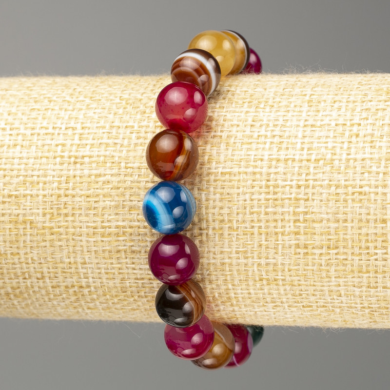 Bracelet Agate multicoloured natural stone smooth bead, diameter 10(±)mm, length 18cm (stretch)