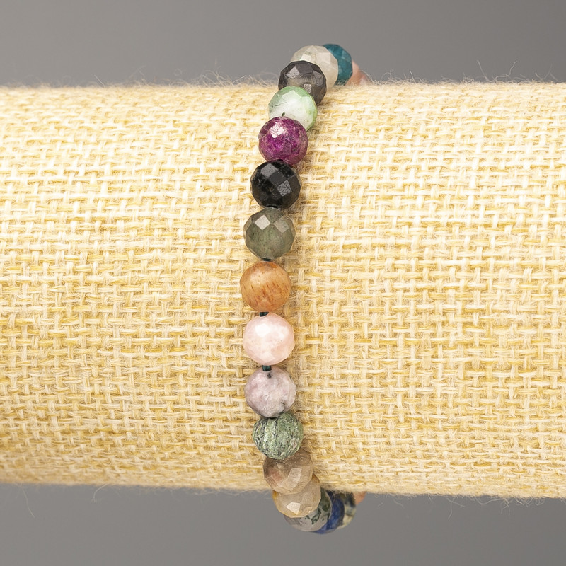 Bracelet Assorted natural stones, faceted bead, diameter 6(±)mm, length 18cm (stretch)