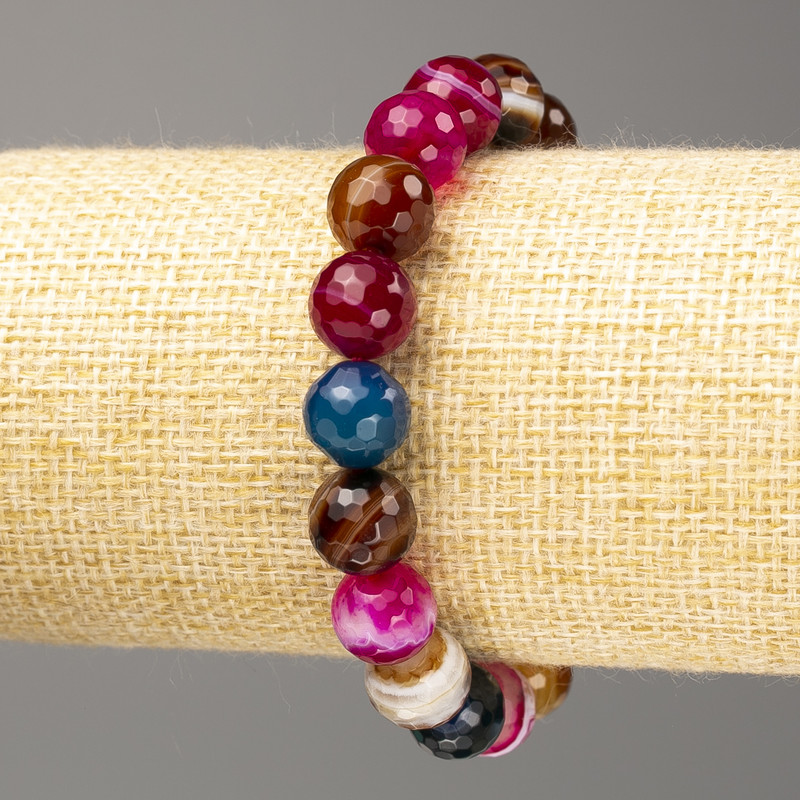 Bracelet Agate Multicolour Natural Stone, Faceted Bead, 10mm +/- diameter, 18cm (stretch)