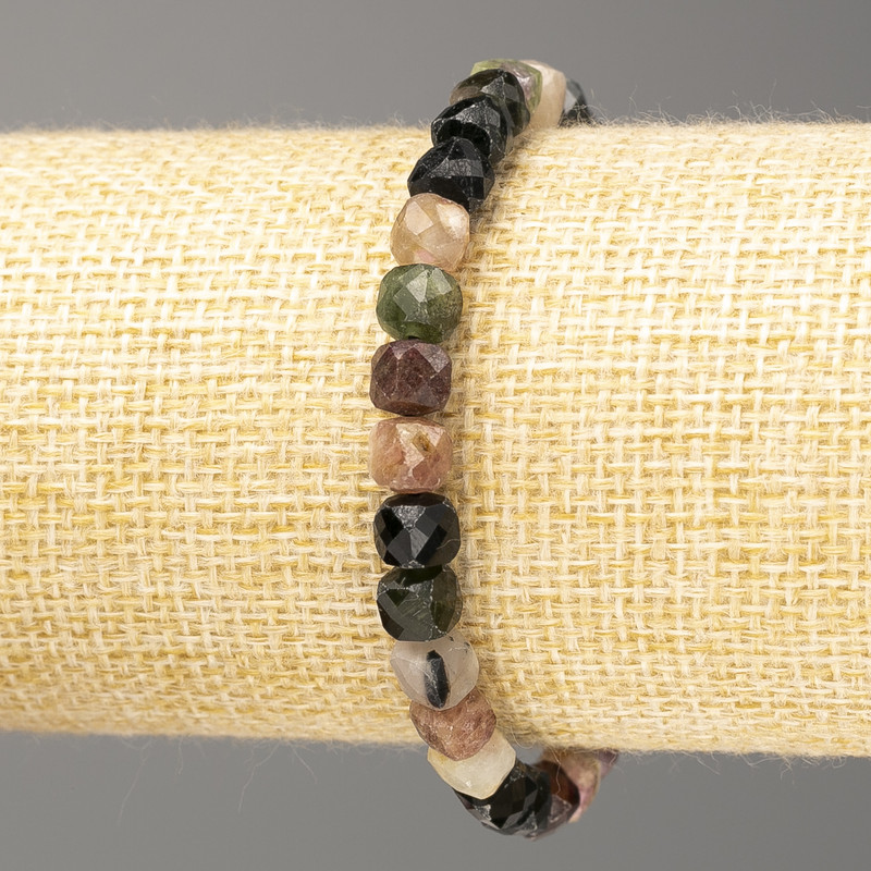 Tourmaline Bracelet, Natural Stone Faceted Cube 6x6mm, Length 18cm (Stretch)