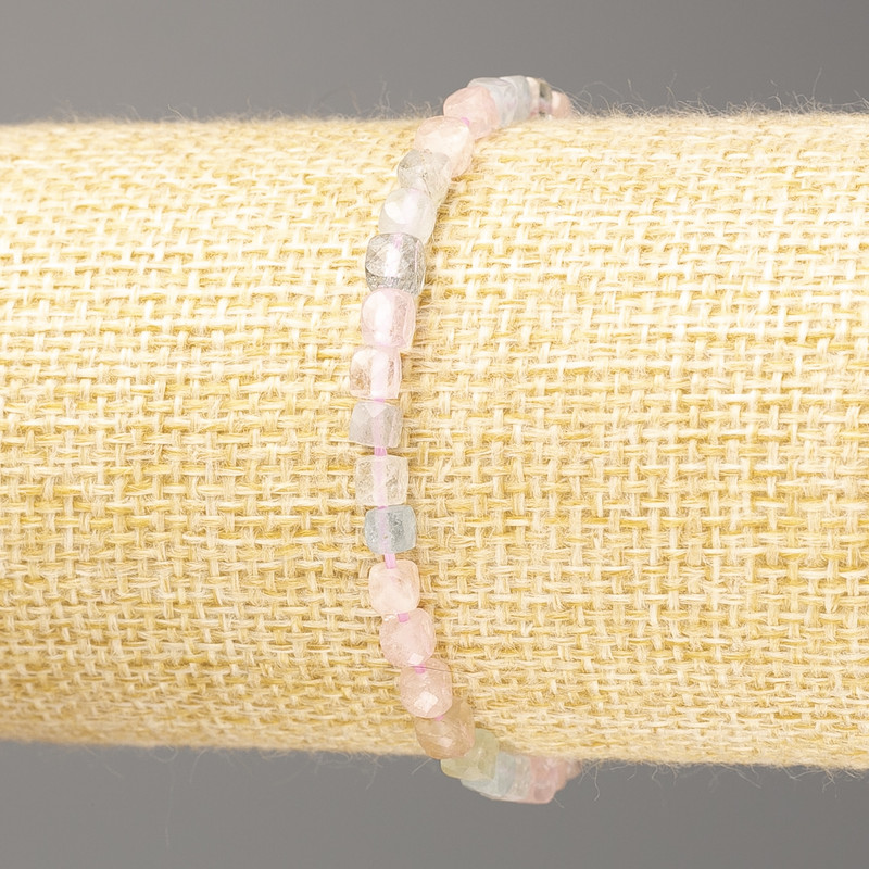 Morganite Bracelet, natural stone, faceted cube 4×4mm, length 18cm (stretch)
