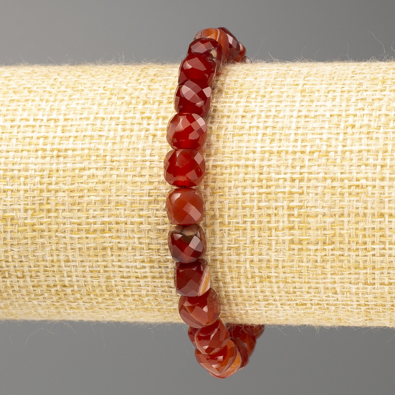 Carnelian Bracelet with Natural Stone, Faceted Cube, 7 mm diameter, stretchy, 18 cm