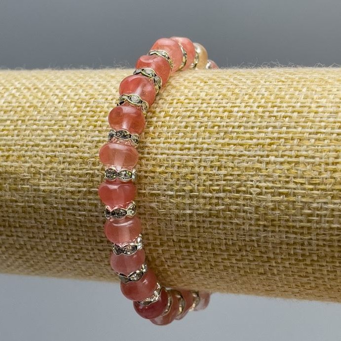 Chalcedony Bracelet, natural stone smooth rondelle, diameter 8x5mm +/-, length 18cm (stretch) with white rhinestones