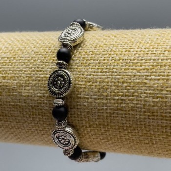 Matte Shungite (Artificial) Bracelet, Smooth Bead, Diameter 6mm+/-, Length 18cm (Stretch) with Silver-Tone Inserts, Diameter 11x4mm