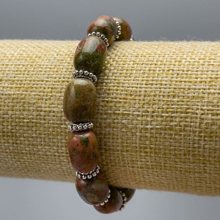 Heliotrope Jasper Bracelet, natural stone, diameter 10x14mm +/-, length 18cm (stretch), barrel, with silver-tone inserts