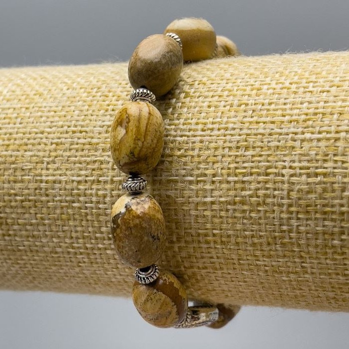 Picture Jasper Bracelet, natural stone, diameter 10x14mm +/-, length 18cm (stretch), barrel, with silver-tone inserts
