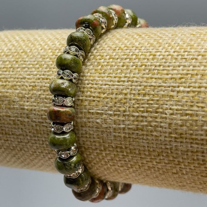 Heliotrope Jasper Bracelet, natural stone smooth rondelle, diameter 8x5mm +/-, length 18cm (stretch) with white rhinestones