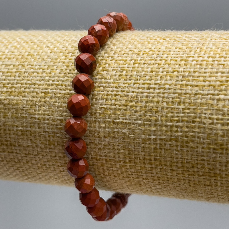 Red Jasper Natural Stone Bead Bracelet, faceted 6mm diameter beads, 18cm length (stretch)