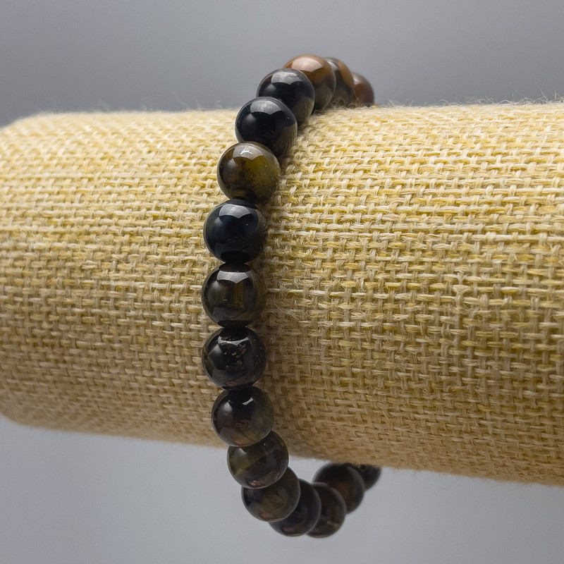 Tiger's Eye and Hawk's Eye Bracelet, Natural Stone Smooth Round Beads, Diameter 8mm+-, Length 18cm (Stretch)