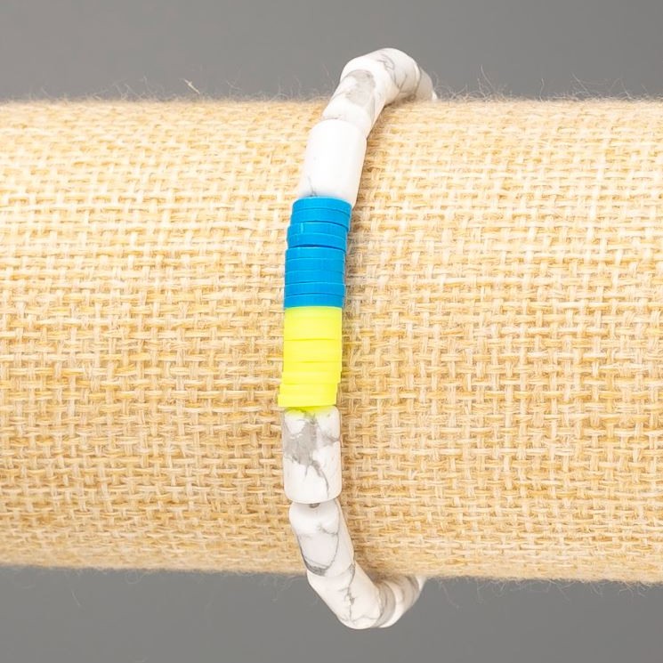 Bracelet "Ukraine" Kaholung Natural Stone Cylindrical Beads, diameter 10×6mm ± and Polymer Clay, length 18cm (stretch)