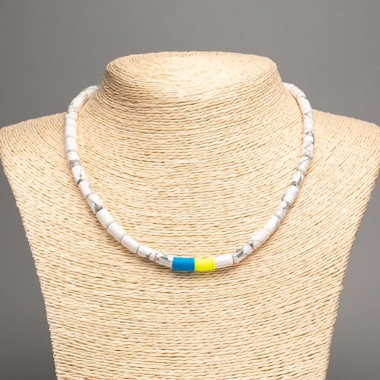 Necklace Ukraine with Howlite (Kaholonj) natural stone cylindrical, diameter 10×6 mm ± and Polymer clay, length 46 cm ± (stretch)