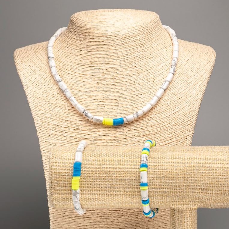 Ukraine Set: Howlite Stone Cylinder Beads and Polymer Clay, 46cm+, 18cm (stretch) length