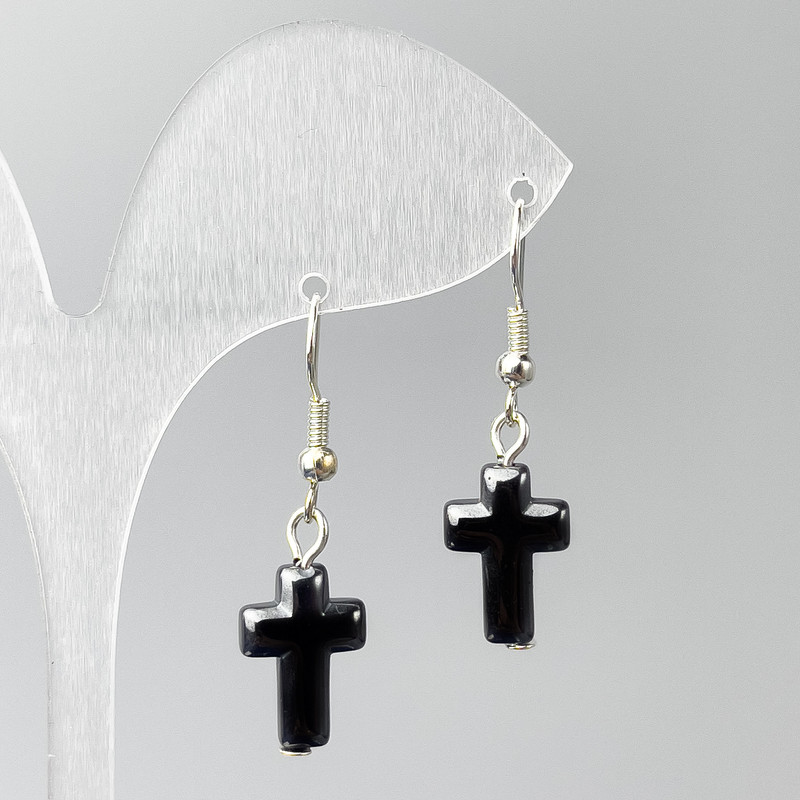 Hematite Cross Earrings, 10×15mm diameter, length 35mm