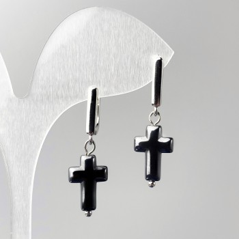 Earrings Hematite Cross, 10x16mm diameter, approx. 33mm length
