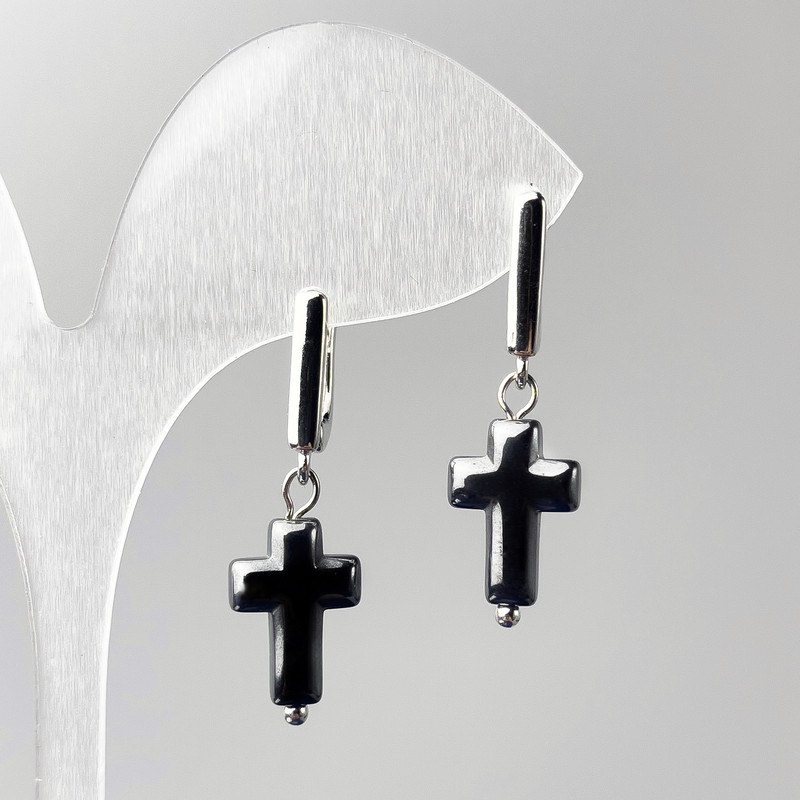 Earrings Hematite Cross, 10x16mm diameter, approx. 33mm length