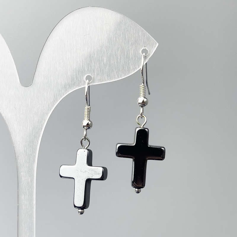 Hematite Cross Earrings, 14×19mm diam, 39mm length