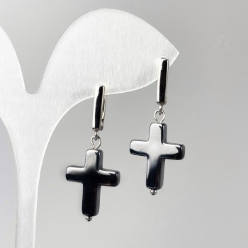 Earrings Hematite Cross, diameter 14×19mm±, length 36mm