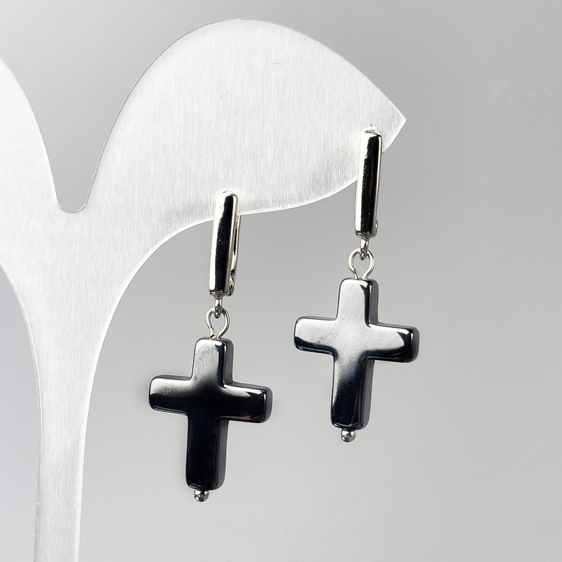 Earrings Hematite Cross, diameter 14×19mm±, length 36mm