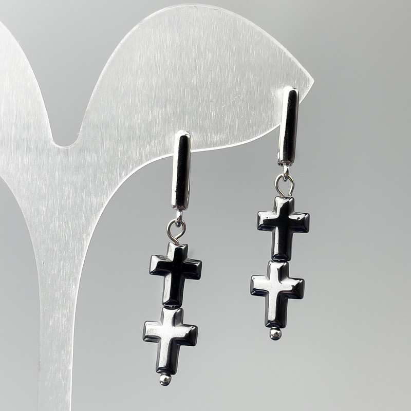 Earrings Hematite Cross, diameter 8.5×23mm ±, length 40mm