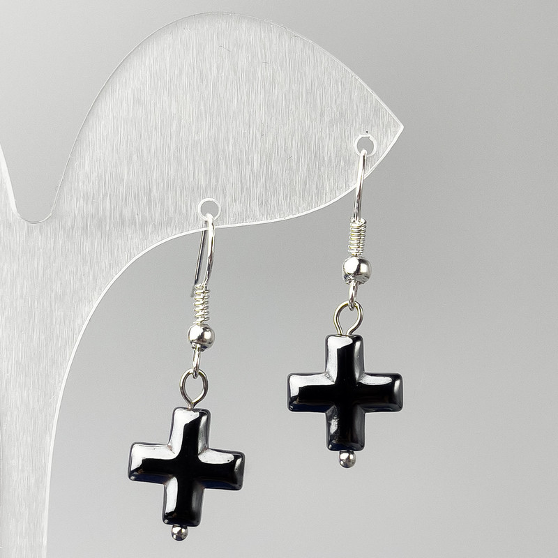 Earrings Hematite Cross, diameter 12mm±, length 38mm