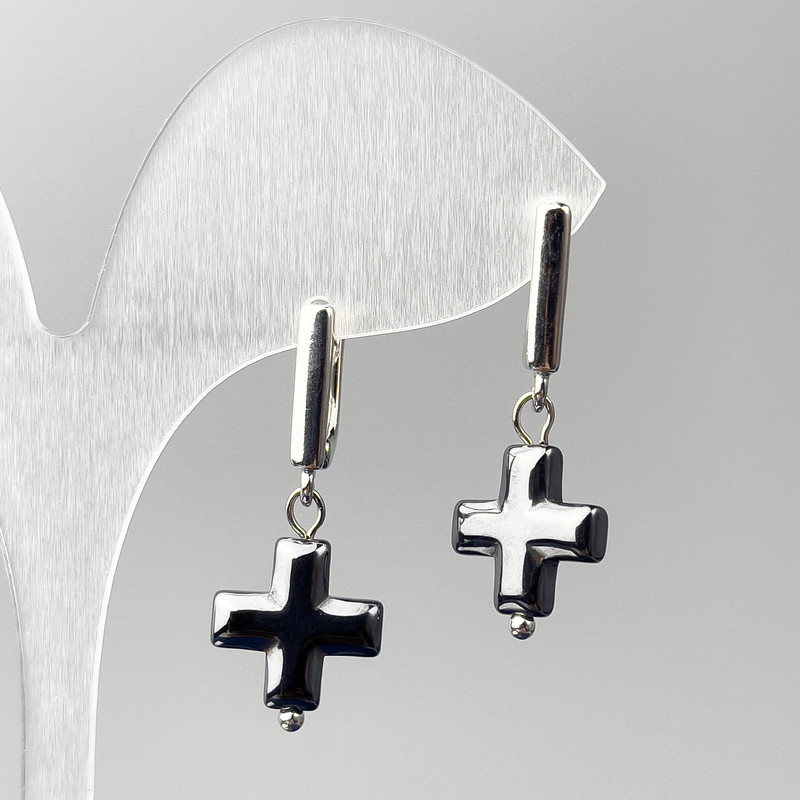Hematite Cross Earrings, diameter 12mm±, length 32mm