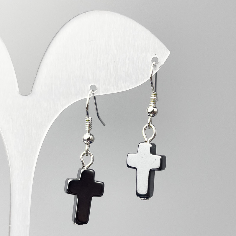 Earrings Hematite Cross, diameter 10×14, 5mm±, length 36mm