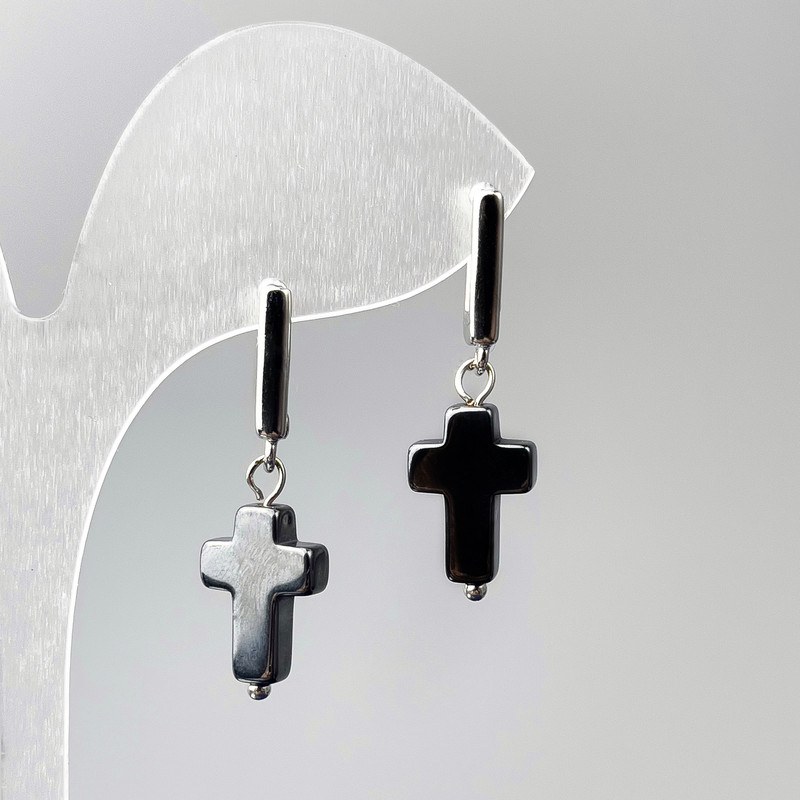Hematite Cross Earrings, 10×16mm dia., length 33mm