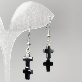 Earrings Hematite Cross, 8 mm x 22 mm Ø, 44 mm total length