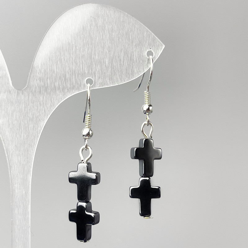 Earrings Hematite Cross, 8 mm x 22 mm Ø, 44 mm total length