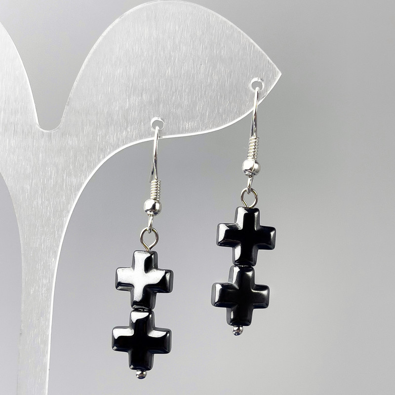Hematite Cross Earrings, diameter 10x21mm+-, length 43mm