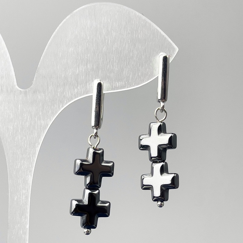 Hematite Cross Earrings, diameter 10x21mm ±, length 38mm