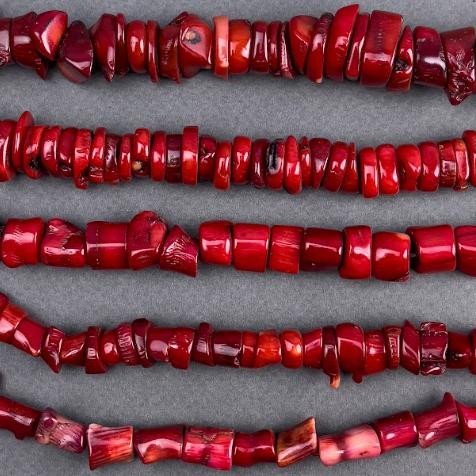 Natural Coral Beads, cut, on thread, 11x8mm+-, 10x5mm+-, length 43cm+- (per 100 g) (assorted sizes)