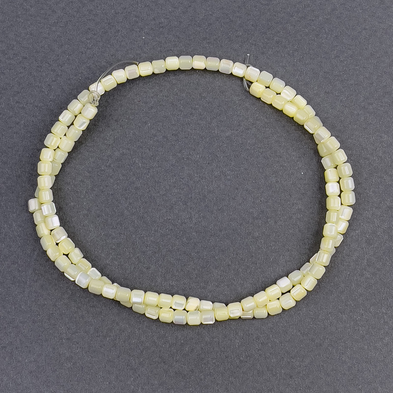 Beads, tinted yellow mother-of-pearl, cylinder, diameter 3.5×3.5mm±, length 40cm±, on thread