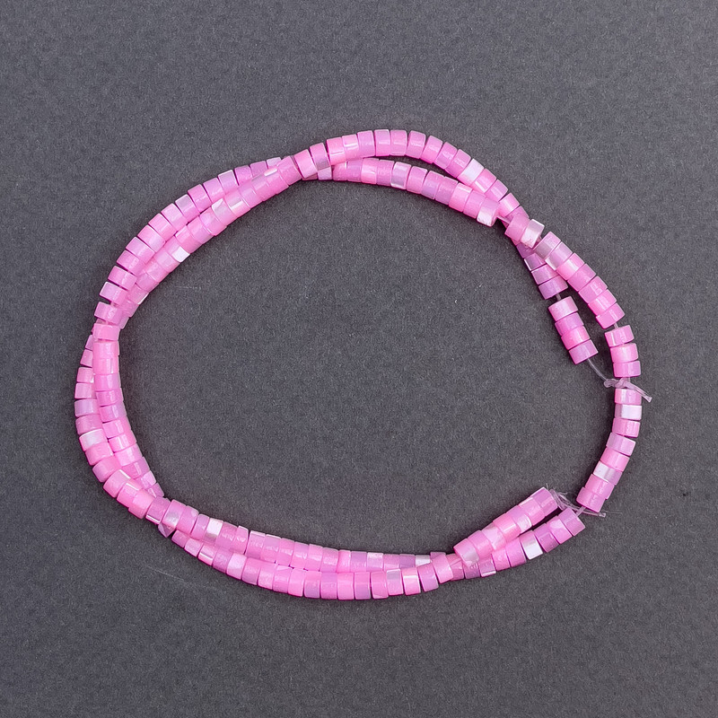Beads, tinted pink mother-of-pearl disk, 4x2 mm, length 40 cm on fishing line