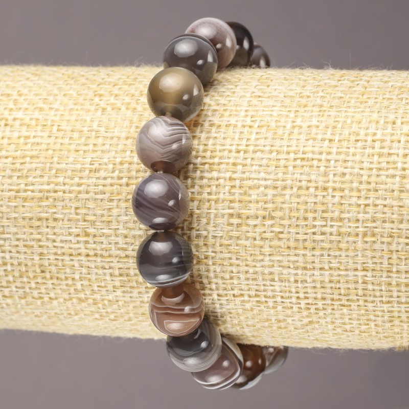 Bracelet on elastic with Botswana agate natural stone smooth beads, diameter 10(±)mm