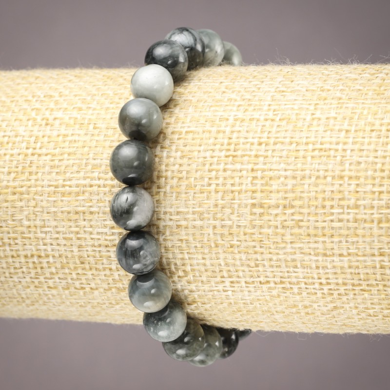 Elasticated bracelet of natural stone Hawk's Eye smooth beads, diameter 8(±)mm